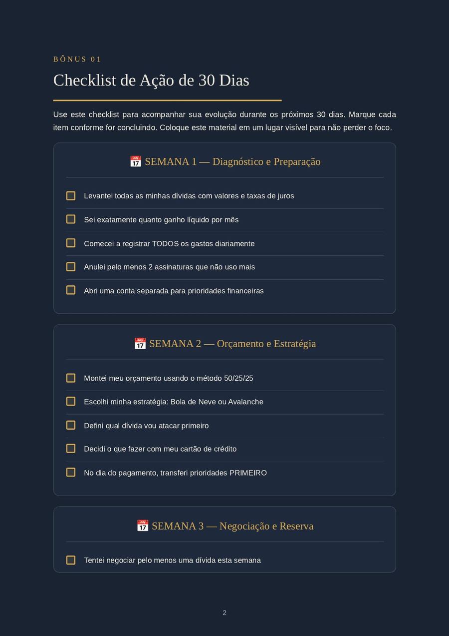 Bônus checklist de ação de 30 dias com as tarefas por semana